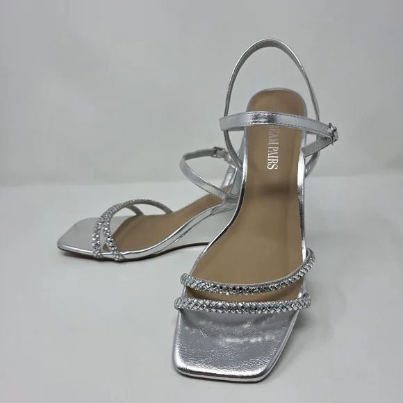 Womens Size 8.5 Silver Rhinestone Square Open Toe Strappy Wedge Sandals Elegant - Picture 2 of 10